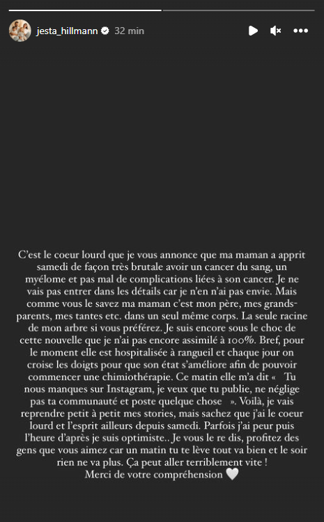 Jesta Hillmann au plus mal s’explique : "C’est le cœur lourd que je vous annonce…"