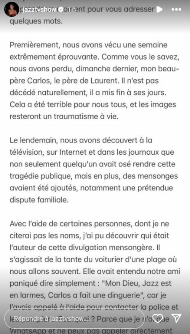 Jazz Correia réagit après le suicide de son beau-père : "Toute la famille est sous le choc"