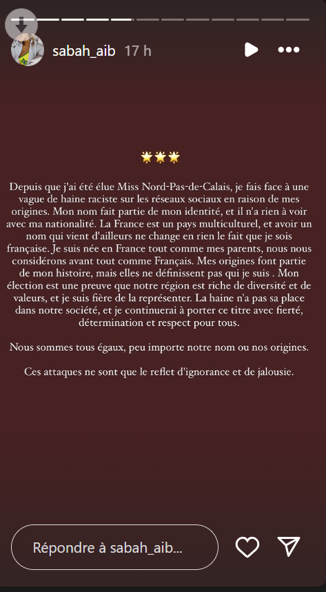 Miss France 2025 : Sabah Aib victime de commentaires haineux et racistes, elle répond cash