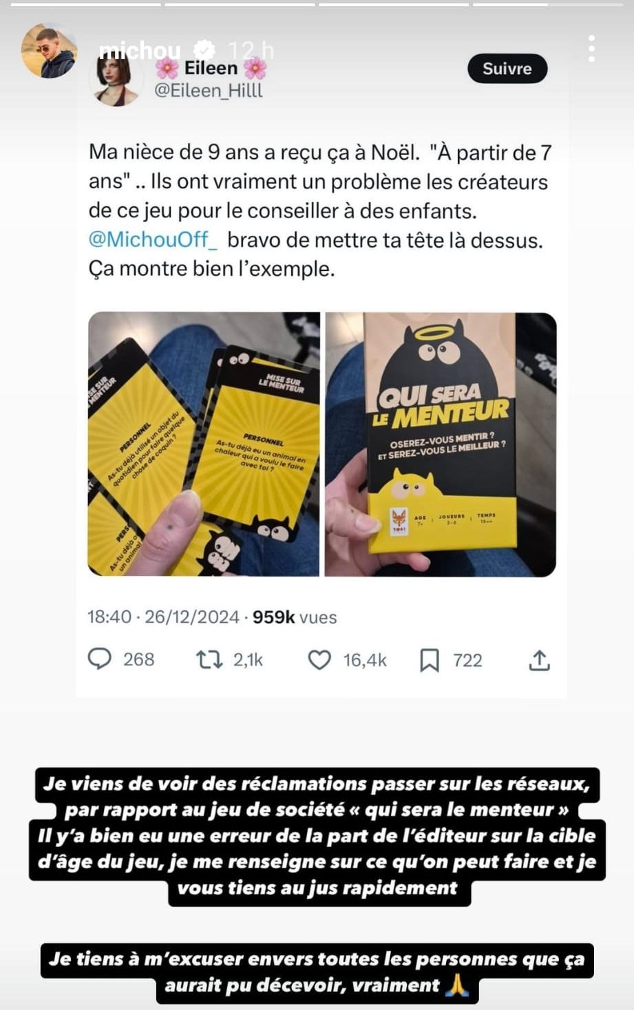 Fustigé, Michou prend la parole sur les questions coquines de son jeu de société pour enfants