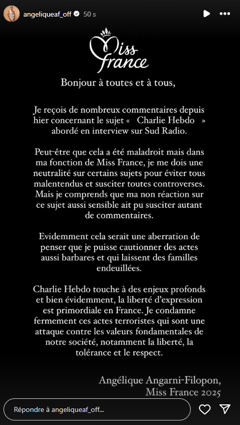 "Je suis Charlie" : Angélique Angarni-Filopon (Miss France 2025) réagit à la polémique "Peut-être que cela a été maladroit, mais…"