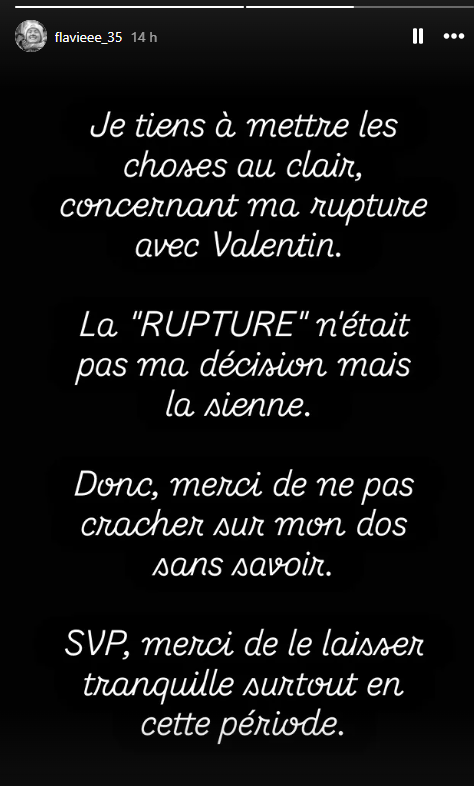 Flavie (ADP) rétablit la vérité après sa rupture avec Valentin : "Merci de ne pas cracher sur mon dos"